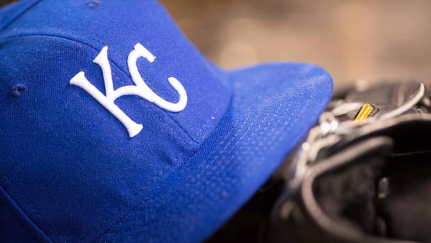 Aug 23, 2014; Arlington, TX, USA; A view of a Kansas City Royals ball cap and logo during the game between the Texas Rangers and the Royals at Globe Life Park in Arlington. The Royals defeated the Rangers 6-3. Mandatory Credit: Jerome Miron-USA TODAY Sports